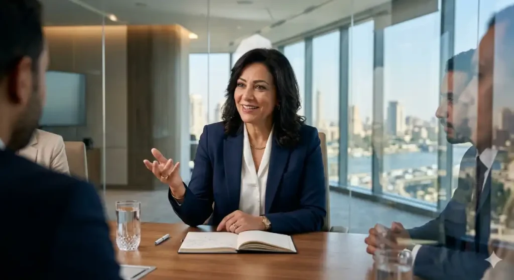 An Egyptian executive leading a corporate boardroom meeting in Cairo, representing personal branding for executives